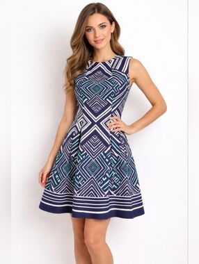Vince Camuto Navy, White & Teal Geometric Fit-and-Flare Midi Dress